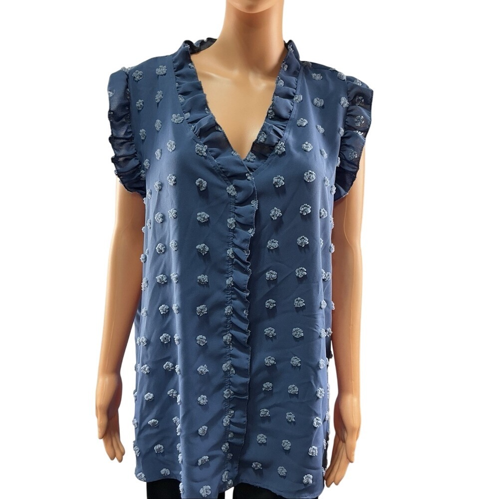 Women's Blue Ruffle Button Up Shirt Textured Dot Sleeveless V Neck 2XL